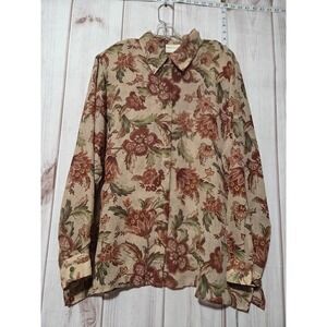 Alfred Dunner Shirt Womens 18W Beige Brown Green Floral Semi Sheer Button Up Top
